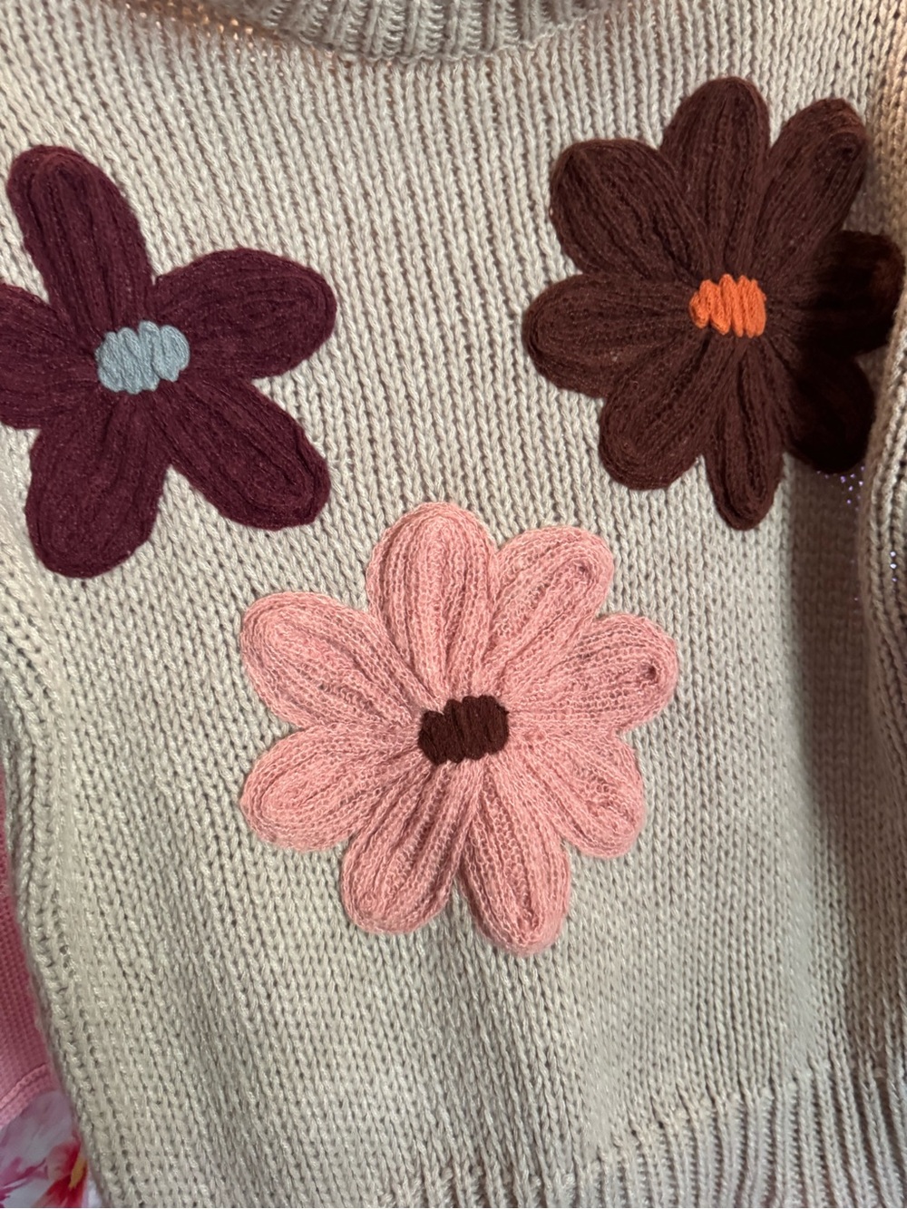 Katydid Cream Crewneck Sweater with Multicolor Floral Yarn Appliqués - Picture 5 of 8